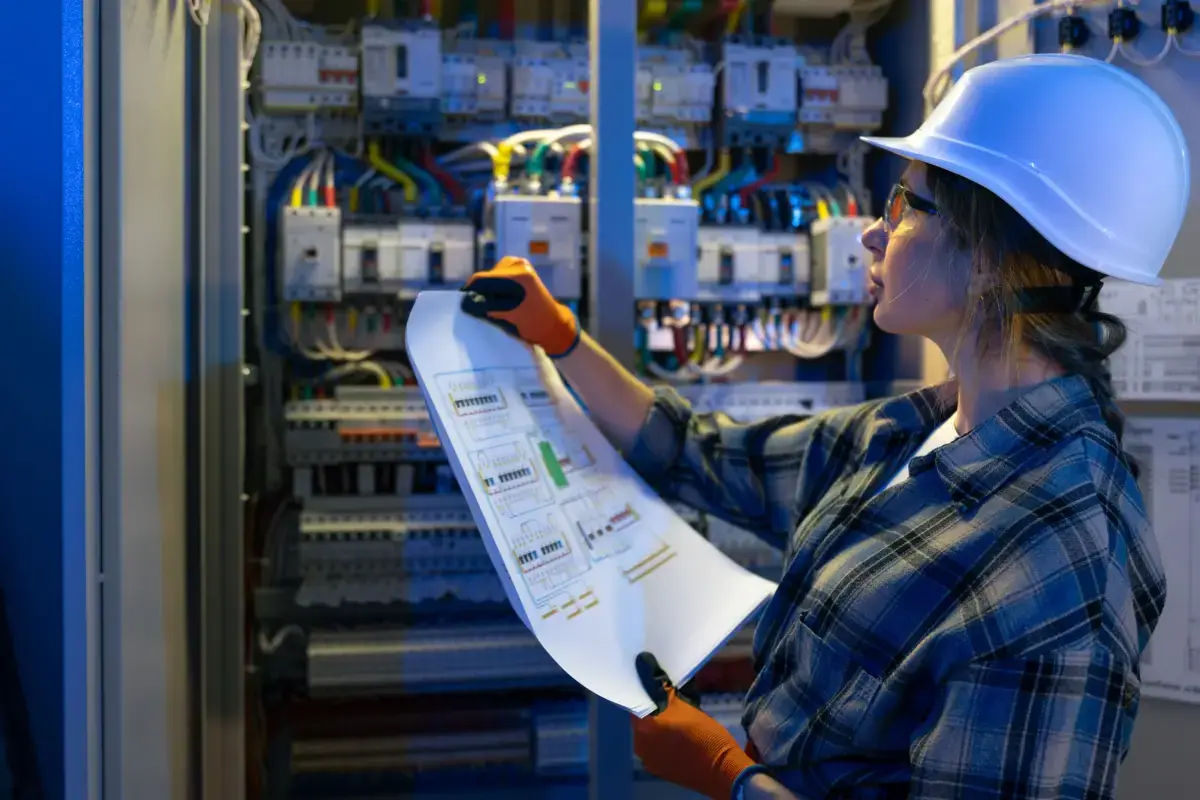 Especialista revisando planos y tableros de una instalación eléctrica